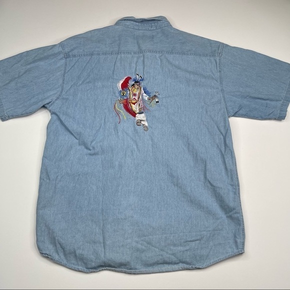 Vintage Native American Shirt Chambray Button Tribal Indigenous Blue Summer - Picture 2 of 12